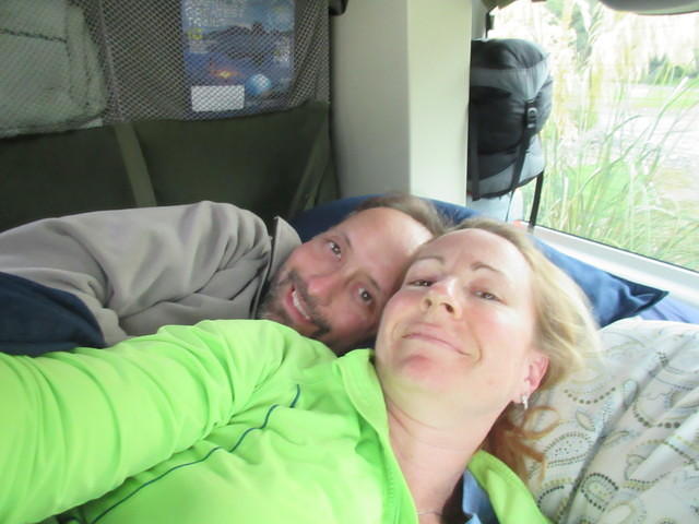 Relaxing in the campervan.  Very cozy!