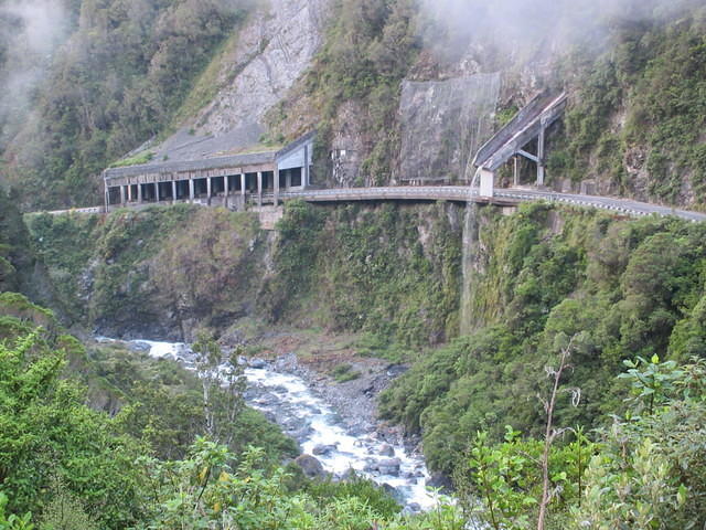 Looking back down to the rock slide shed and waterfall.