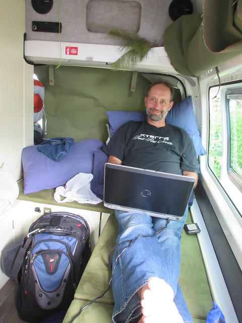 Working in the camper.