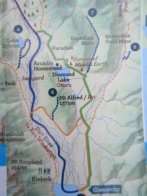 Map of the Dart River Wilderness Safari Ride.  The blue line represents the boat ride.  After a 20 minute hike, we will board a bus that will take us back through some Lord of the Rings filming sites.