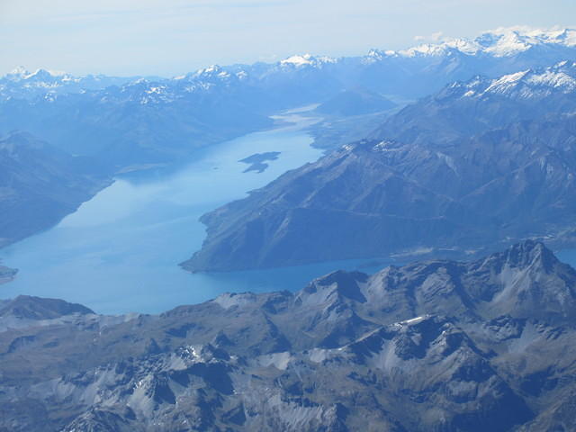 View from the plan of Lake Wakatipu with Glenorchy and the Dart River in the distance.