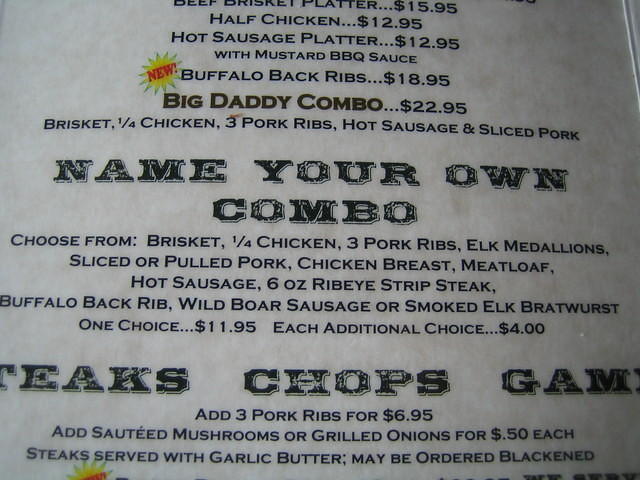 Yum!  We had Elk Medallions, Buffalo Back Ribs, Wild Boar Sausage.  Yum!