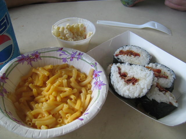 Patrick's meal included mac n' cheese, bacon sushi, and Moco Loco (rice topped with a hamburger patty, fried egg and gravy)