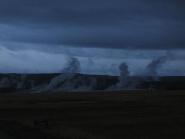 Steam rising from some Geysers at dusk