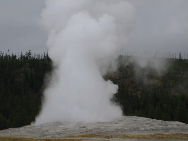 Old Faithful erupts about every 90 minutes and last for 2-5 minutes.