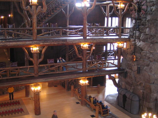 The lobby of the Old Faithful Inn