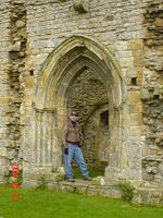 Mickey at the abbey's entrance