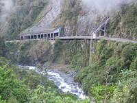 Looking back down to the rock slide shed and waterfall.
