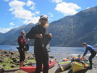 Mickey is sporting the great kayaking gear including the sun and sandfly protecting hat.