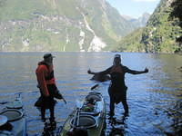 Ralph and Mickey sporting the lovely kayak skirt which helps to keep up dry.